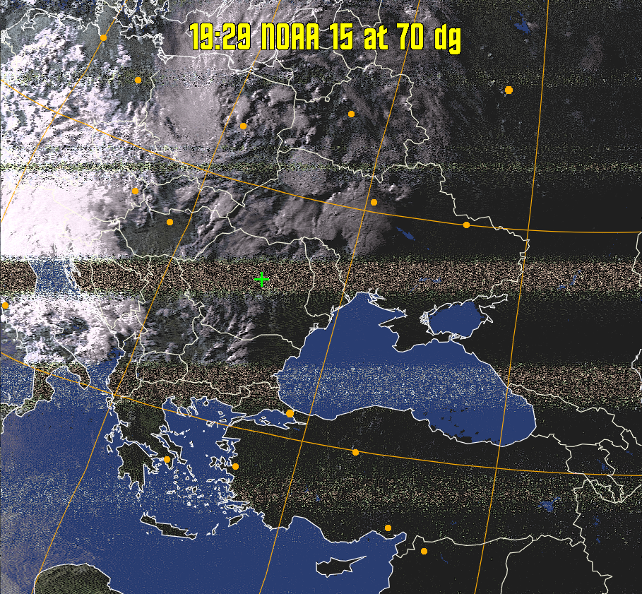 HVCT:
Similar to HVC, but with blue water and with colours more indicative of
land temperatures.
HVC:
Creates a false colour image from NOAA APT images based on temperature using
the HVC colour model. Uses the temperature derived from the sensor 4 image to
select the hue and the brightness from the histogram equalised other image to
select the value and chroma. The HVC colour model attempts to ensure that different colours at the same value will appear to the eye to be the same brightness
and the spacing between colours representing each degree will appear to the eye to
be similar. Bright areas are completely unsaturated in this model.