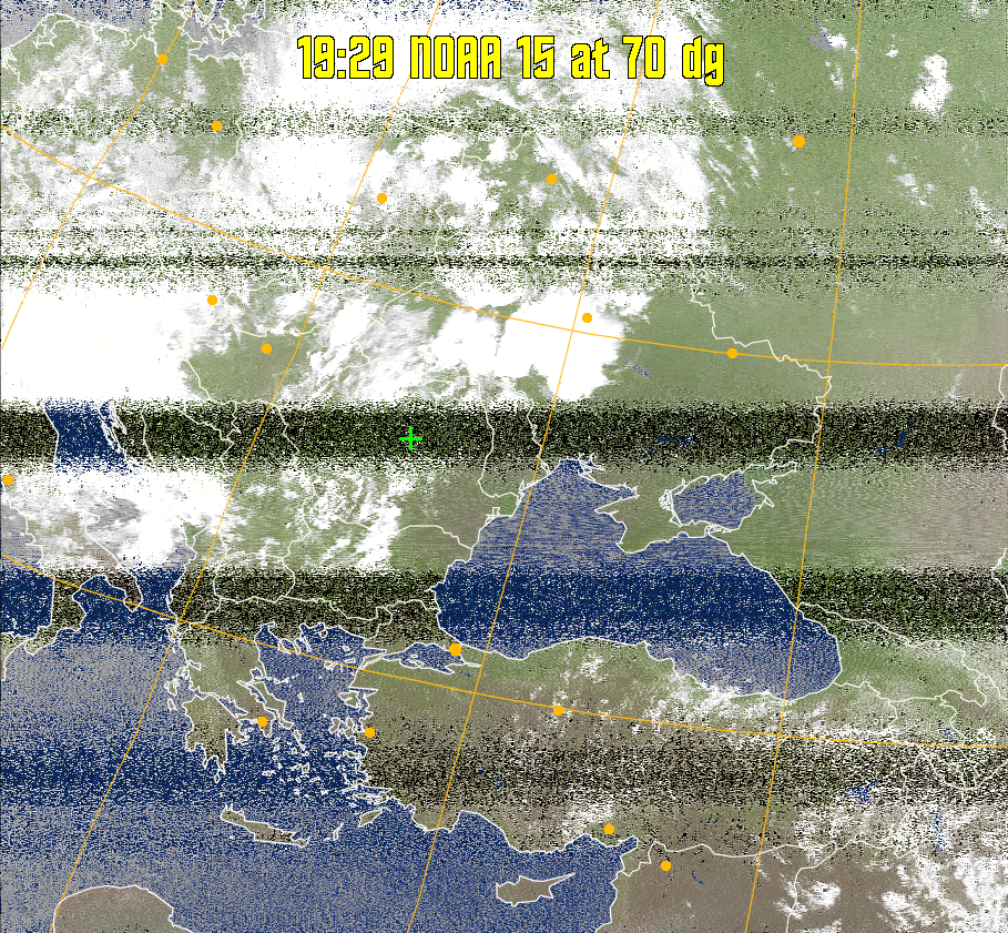 MCIR-precip: 
Colours the NOAA sensor 4 IR image using a map to colour the sea blue and land
green. High clouds appear white, lower clouds gray or land/sea coloured, clouds
generally appear lighter, but distinguishing between land/sea and low cloud may
be difficult. Darker colours indicate warmer regions.