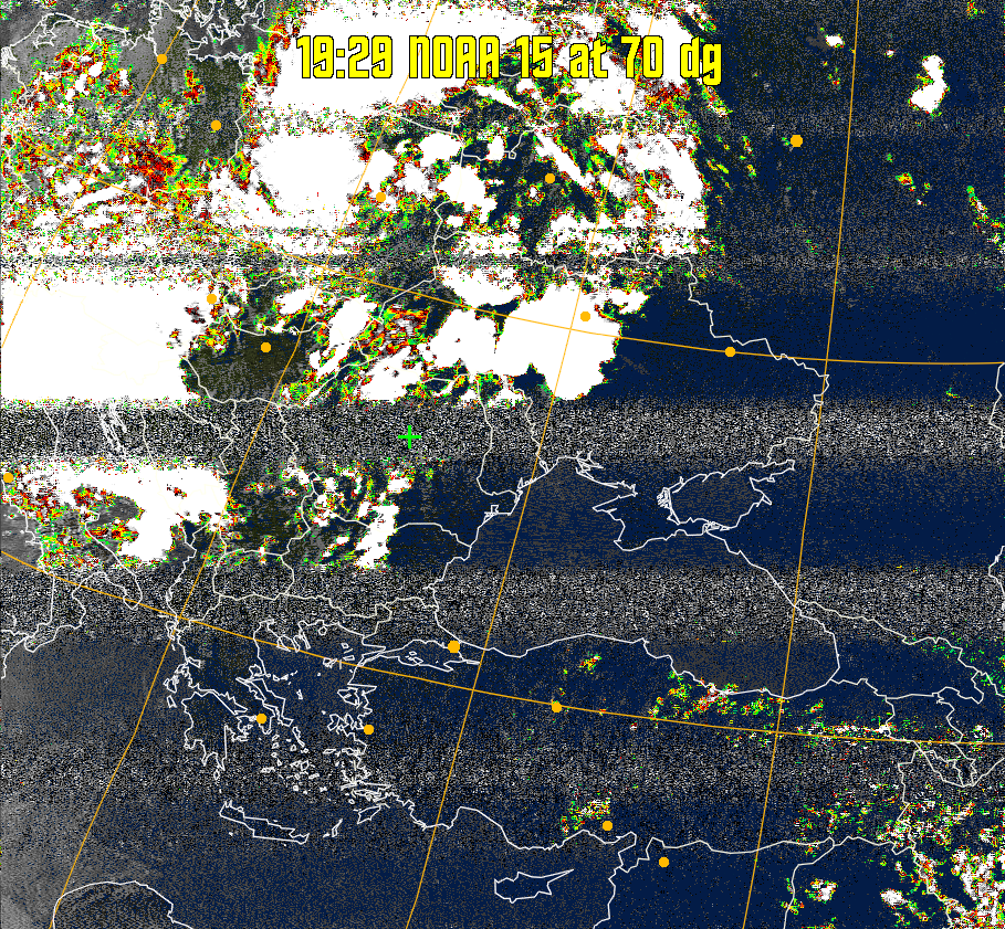 MSA-precip:
Same as MSA multispectral analysis, but high cold cloud tops are coloured the
same as the NO enhancement to give an approximate indication of the probability
and intensity of precipitation.