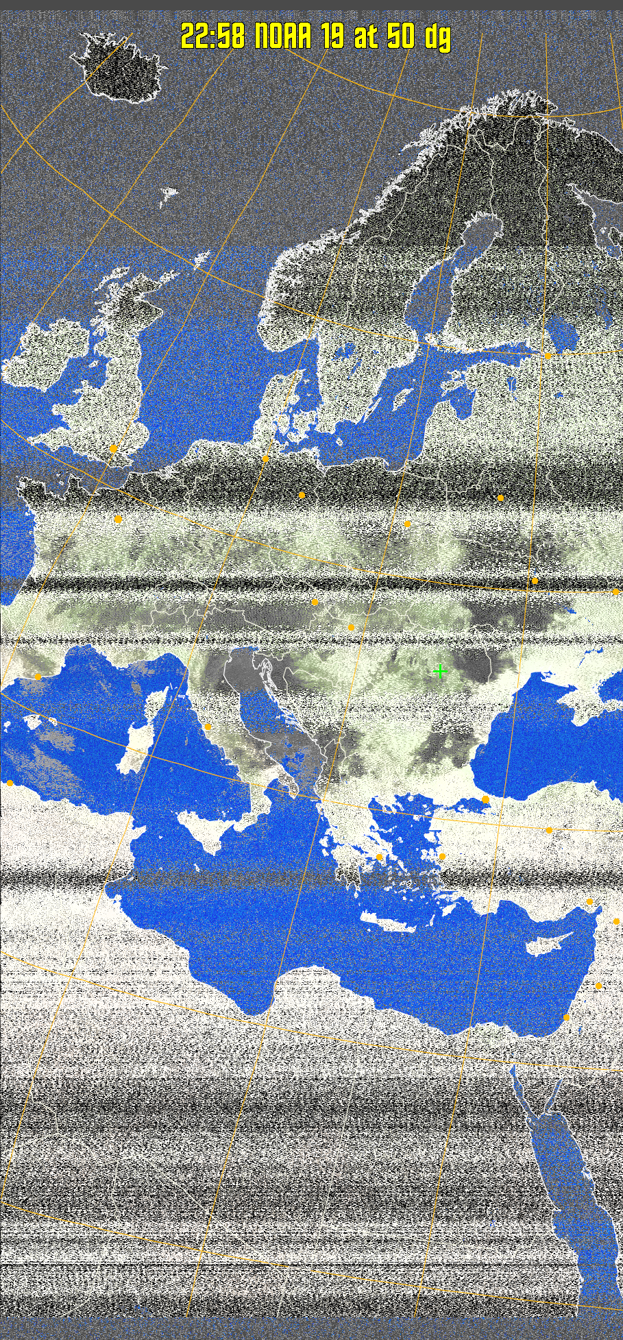 MCIR-precip: 
Colours the NOAA sensor 4 IR image using a map to colour the sea blue and land
green. High clouds appear white, lower clouds gray or land/sea coloured, clouds
generally appear lighter, but distinguishing between land/sea and low cloud may
be difficult. Darker colours indicate warmer regions.