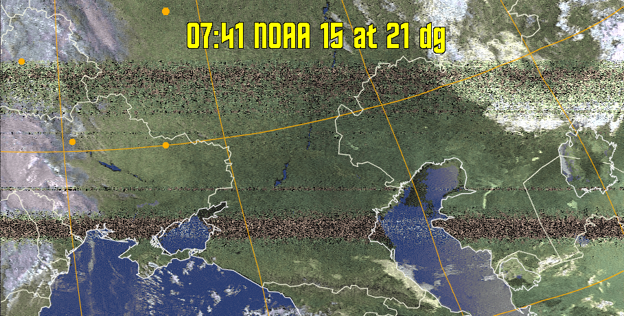 HVCT:
Similar to HVC, but with blue water and with colours more indicative of
land temperatures.
HVC:
Creates a false colour image from NOAA APT images based on temperature using
the HVC colour model. Uses the temperature derived from the sensor 4 image to
select the hue and the brightness from the histogram equalised other image to
select the value and chroma. The HVC colour model attempts to ensure that different colours at the same value will appear to the eye to be the same brightness
and the spacing between colours representing each degree will appear to the eye to
be similar. Bright areas are completely unsaturated in this model.