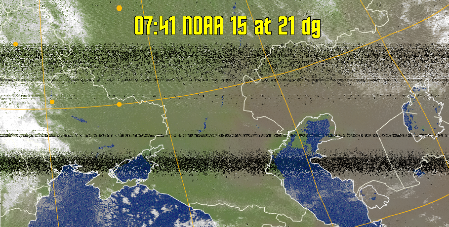MCIR-precip: 
Colours the NOAA sensor 4 IR image using a map to colour the sea blue and land
green. High clouds appear white, lower clouds gray or land/sea coloured, clouds
generally appear lighter, but distinguishing between land/sea and low cloud may
be difficult. Darker colours indicate warmer regions.