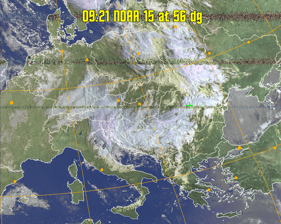 HVCT:
Similar to HVC, but with blue water and with colours more indicative of
land temperatures.
HVC:
Creates a false colour image from NOAA APT images based on temperature using
the HVC colour model. Uses the temperature derived from the sensor 4 image to
select the hue and the brightness from the histogram equalised other image to
select the value and chroma. The HVC colour model attempts to ensure that different colours at the same value will appear to the eye to be the same brightness
and the spacing between colours representing each degree will appear to the eye to
be similar. Bright areas are completely unsaturated in this model.