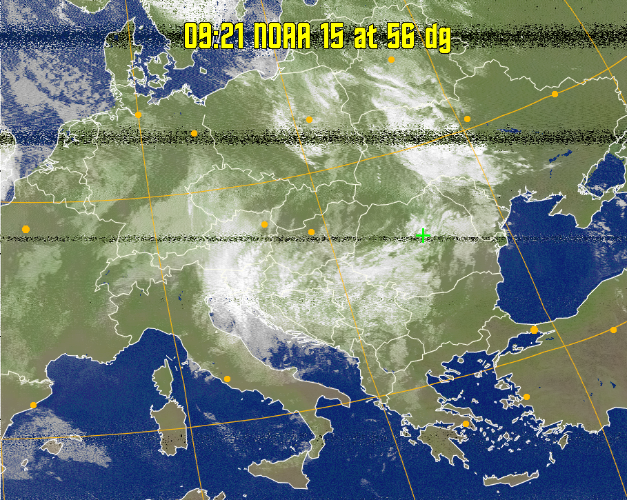 MCIR-precip: 
Colours the NOAA sensor 4 IR image using a map to colour the sea blue and land
green. High clouds appear white, lower clouds gray or land/sea coloured, clouds
generally appear lighter, but distinguishing between land/sea and low cloud may
be difficult. Darker colours indicate warmer regions.