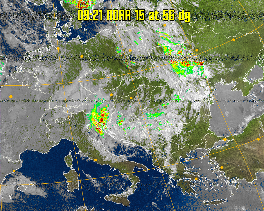 MSA-precip:
Same as MSA multispectral analysis, but high cold cloud tops are coloured the
same as the NO enhancement to give an approximate indication of the probability
and intensity of precipitation.
