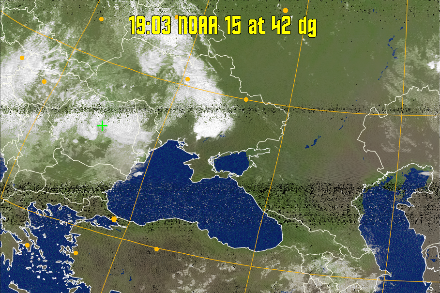 MCIR-precip: 
Colours the NOAA sensor 4 IR image using a map to colour the sea blue and land
green. High clouds appear white, lower clouds gray or land/sea coloured, clouds
generally appear lighter, but distinguishing between land/sea and low cloud may
be difficult. Darker colours indicate warmer regions.