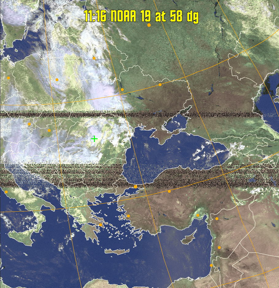 HVCT:
Similar to HVC, but with blue water and with colours more indicative of
land temperatures.
HVC:
Creates a false colour image from NOAA APT images based on temperature using
the HVC colour model. Uses the temperature derived from the sensor 4 image to
select the hue and the brightness from the histogram equalised other image to
select the value and chroma. The HVC colour model attempts to ensure that different colours at the same value will appear to the eye to be the same brightness
and the spacing between colours representing each degree will appear to the eye to
be similar. Bright areas are completely unsaturated in this model.