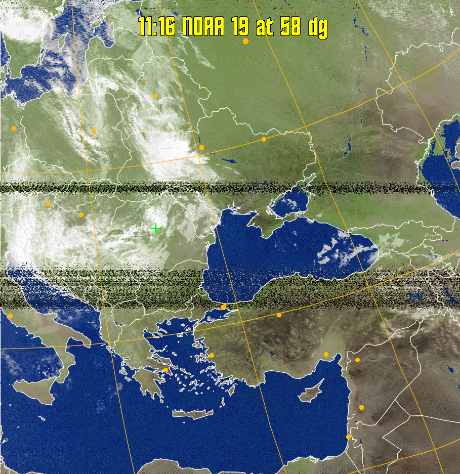 MCIR-precip: 
Colours the NOAA sensor 4 IR image using a map to colour the sea blue and land
green. High clouds appear white, lower clouds gray or land/sea coloured, clouds
generally appear lighter, but distinguishing between land/sea and low cloud may
be difficult. Darker colours indicate warmer regions.
