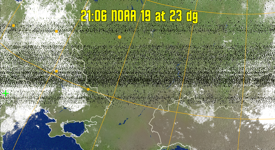 MCIR-precip: 
Colours the NOAA sensor 4 IR image using a map to colour the sea blue and land
green. High clouds appear white, lower clouds gray or land/sea coloured, clouds
generally appear lighter, but distinguishing between land/sea and low cloud may
be difficult. Darker colours indicate warmer regions.