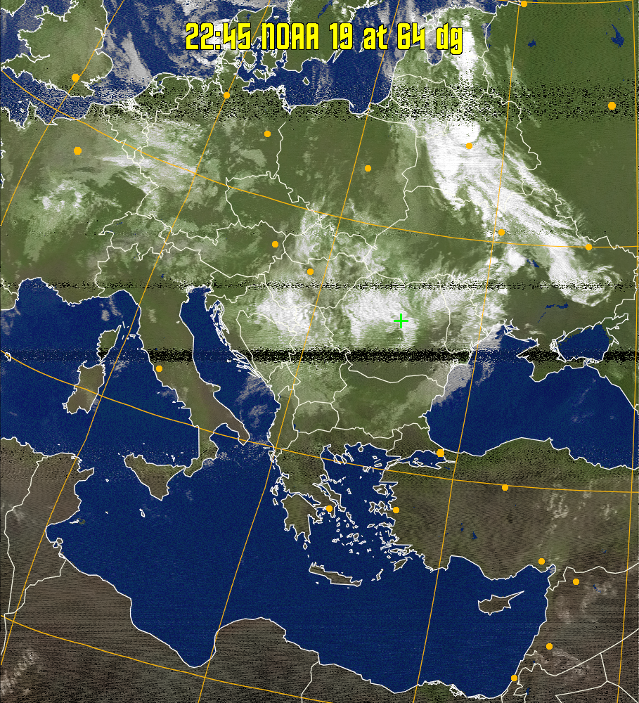 MCIR-precip: 
Colours the NOAA sensor 4 IR image using a map to colour the sea blue and land
green. High clouds appear white, lower clouds gray or land/sea coloured, clouds
generally appear lighter, but distinguishing between land/sea and low cloud may
be difficult. Darker colours indicate warmer regions.