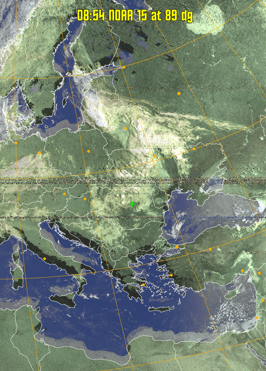 HVCT:
Similar to HVC, but with blue water and with colours more indicative of
land temperatures.
HVC:
Creates a false colour image from NOAA APT images based on temperature using
the HVC colour model. Uses the temperature derived from the sensor 4 image to
select the hue and the brightness from the histogram equalised other image to
select the value and chroma. The HVC colour model attempts to ensure that different colours at the same value will appear to the eye to be the same brightness
and the spacing between colours representing each degree will appear to the eye to
be similar. Bright areas are completely unsaturated in this model.