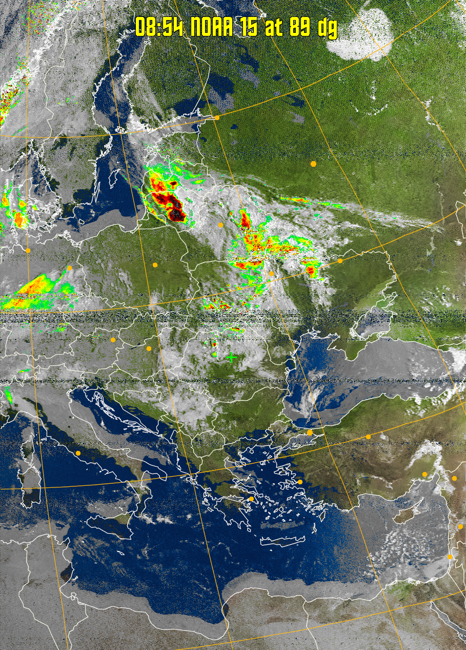 MSA-precip:
Same as MSA multispectral analysis, but high cold cloud tops are coloured the
same as the NO enhancement to give an approximate indication of the probability
and intensity of precipitation.
