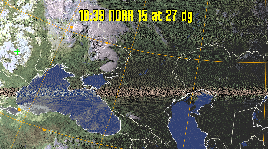 HVCT:
Similar to HVC, but with blue water and with colours more indicative of
land temperatures.
HVC:
Creates a false colour image from NOAA APT images based on temperature using
the HVC colour model. Uses the temperature derived from the sensor 4 image to
select the hue and the brightness from the histogram equalised other image to
select the value and chroma. The HVC colour model attempts to ensure that different colours at the same value will appear to the eye to be the same brightness
and the spacing between colours representing each degree will appear to the eye to
be similar. Bright areas are completely unsaturated in this model.