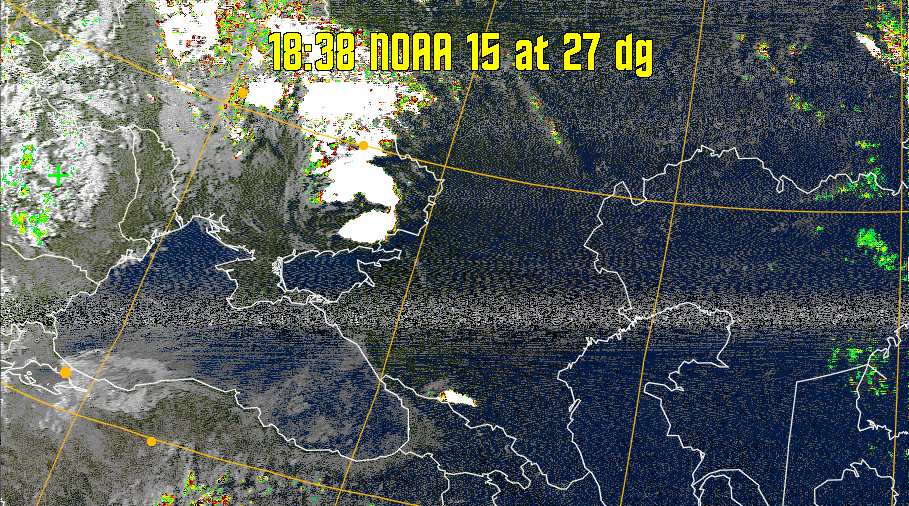 MSA-precip:
Same as MSA multispectral analysis, but high cold cloud tops are coloured the
same as the NO enhancement to give an approximate indication of the probability
and intensity of precipitation.
