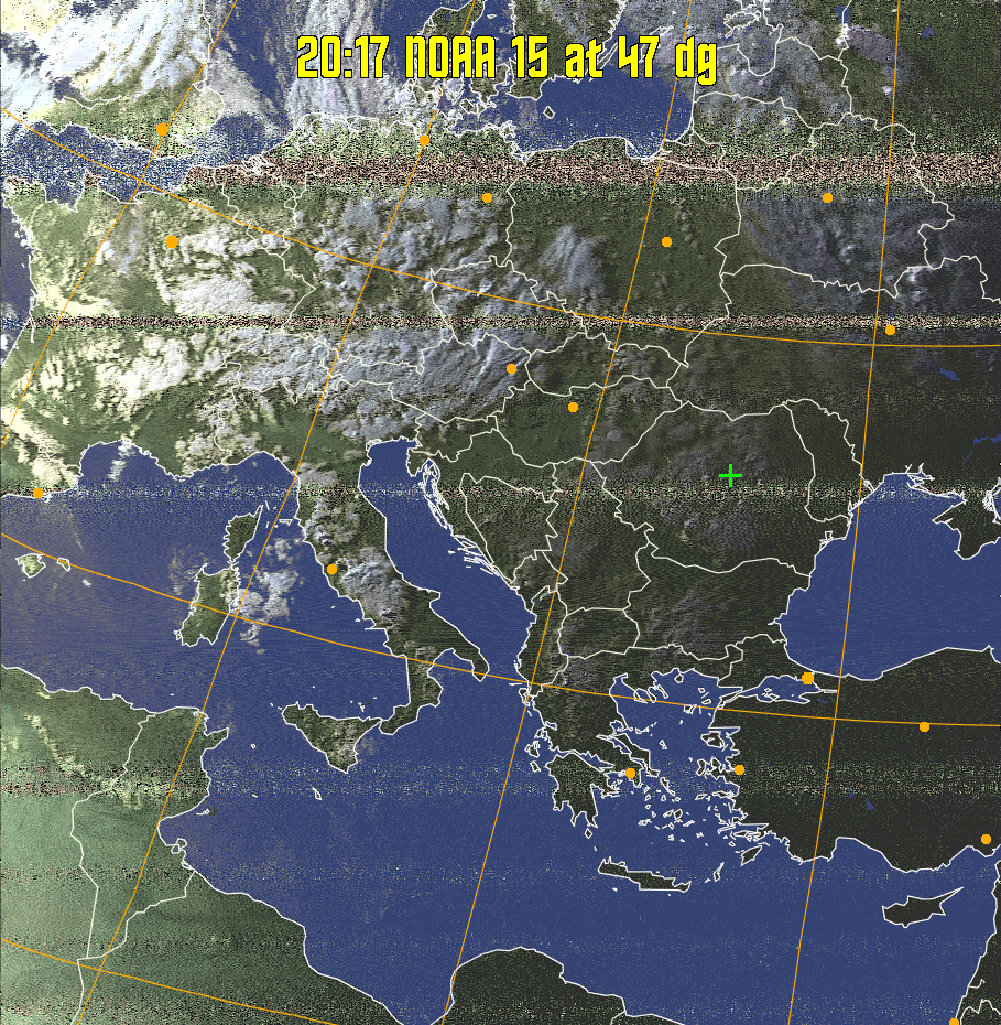 HVCT:
Similar to HVC, but with blue water and with colours more indicative of
land temperatures.
HVC:
Creates a false colour image from NOAA APT images based on temperature using
the HVC colour model. Uses the temperature derived from the sensor 4 image to
select the hue and the brightness from the histogram equalised other image to
select the value and chroma. The HVC colour model attempts to ensure that different colours at the same value will appear to the eye to be the same brightness
and the spacing between colours representing each degree will appear to the eye to
be similar. Bright areas are completely unsaturated in this model.