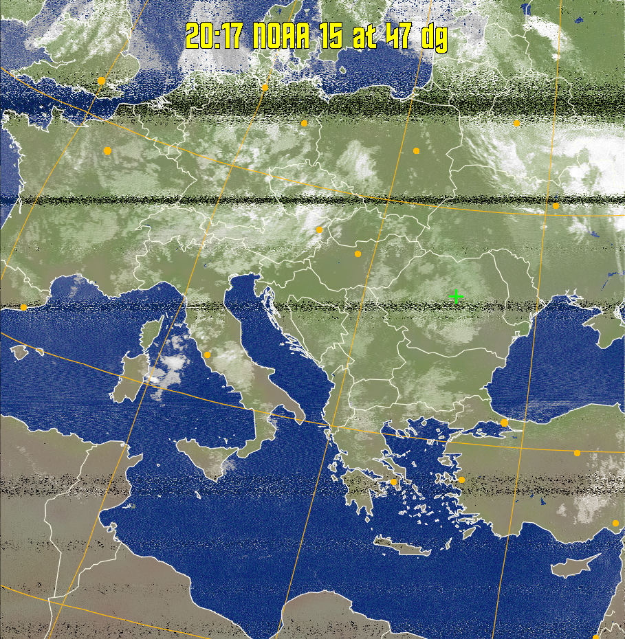 MCIR-precip: 
Colours the NOAA sensor 4 IR image using a map to colour the sea blue and land
green. High clouds appear white, lower clouds gray or land/sea coloured, clouds
generally appear lighter, but distinguishing between land/sea and low cloud may
be difficult. Darker colours indicate warmer regions.