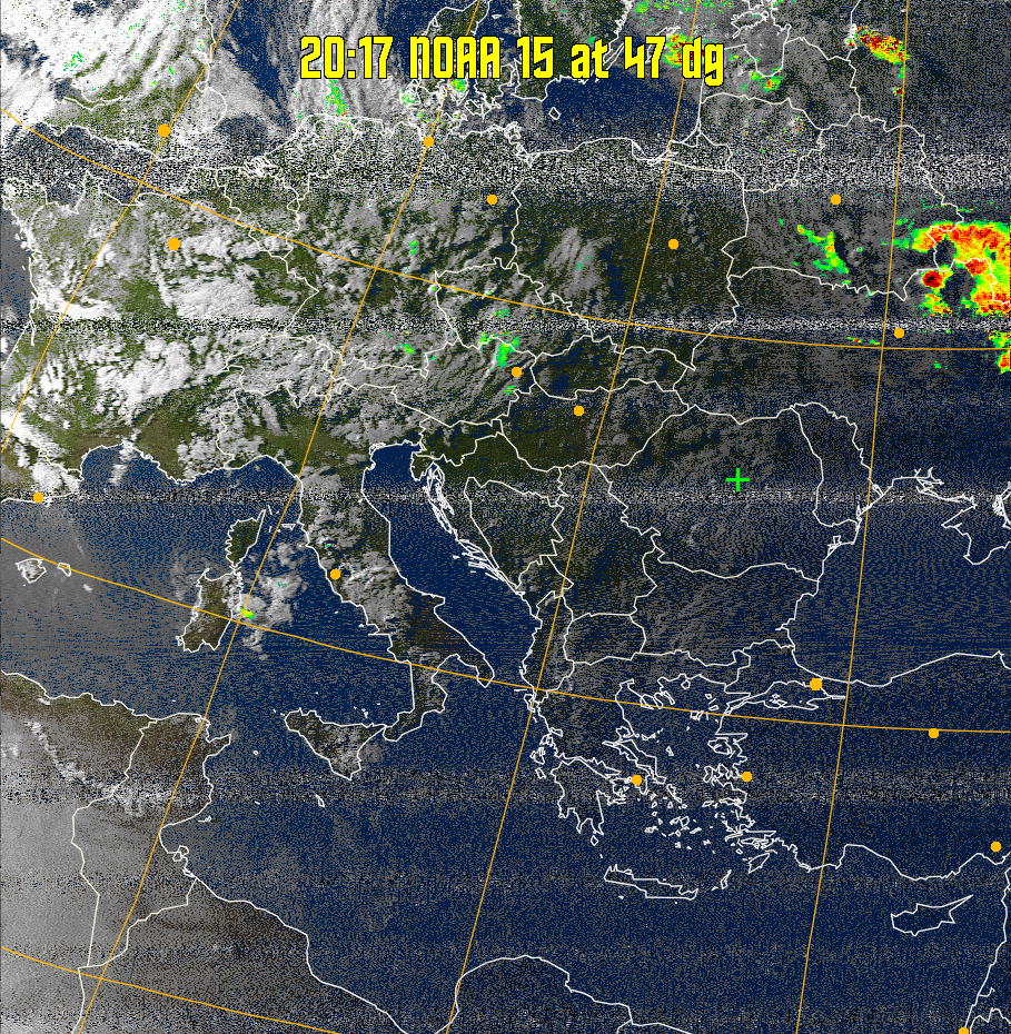 MSA-precip:
Same as MSA multispectral analysis, but high cold cloud tops are coloured the
same as the NO enhancement to give an approximate indication of the probability
and intensity of precipitation.
