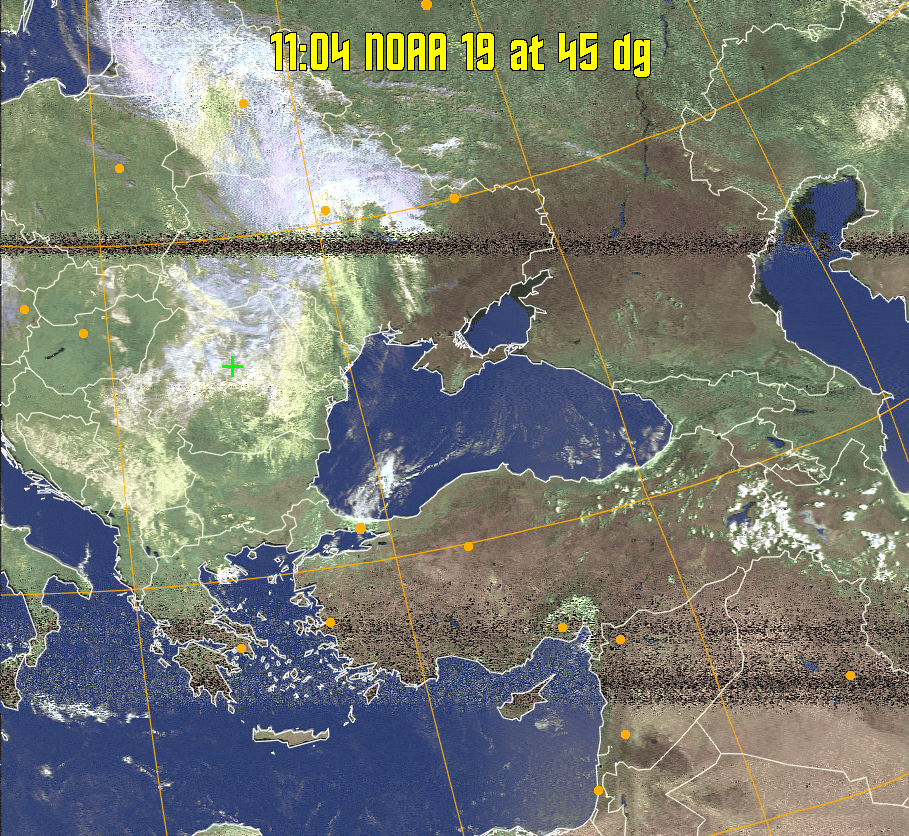 HVCT:
Similar to HVC, but with blue water and with colours more indicative of
land temperatures.
HVC:
Creates a false colour image from NOAA APT images based on temperature using
the HVC colour model. Uses the temperature derived from the sensor 4 image to
select the hue and the brightness from the histogram equalised other image to
select the value and chroma. The HVC colour model attempts to ensure that different colours at the same value will appear to the eye to be the same brightness
and the spacing between colours representing each degree will appear to the eye to
be similar. Bright areas are completely unsaturated in this model.