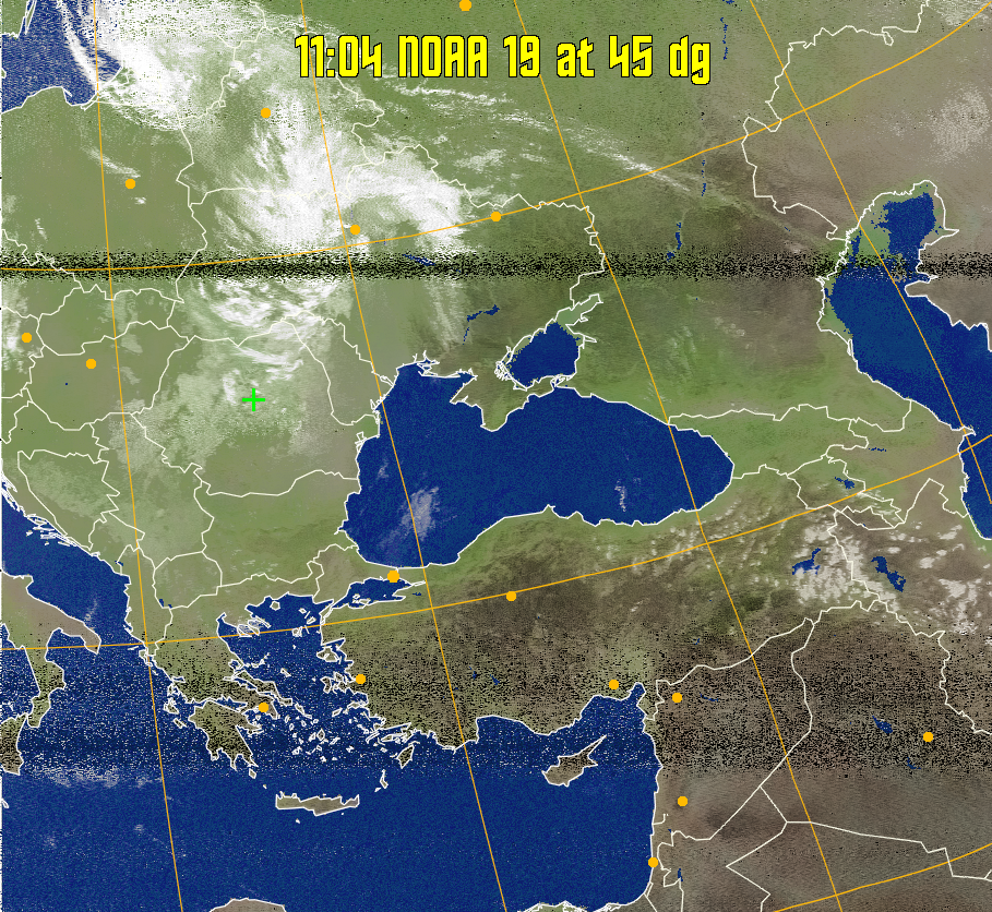 MCIR-precip: 
Colours the NOAA sensor 4 IR image using a map to colour the sea blue and land
green. High clouds appear white, lower clouds gray or land/sea coloured, clouds
generally appear lighter, but distinguishing between land/sea and low cloud may
be difficult. Darker colours indicate warmer regions.