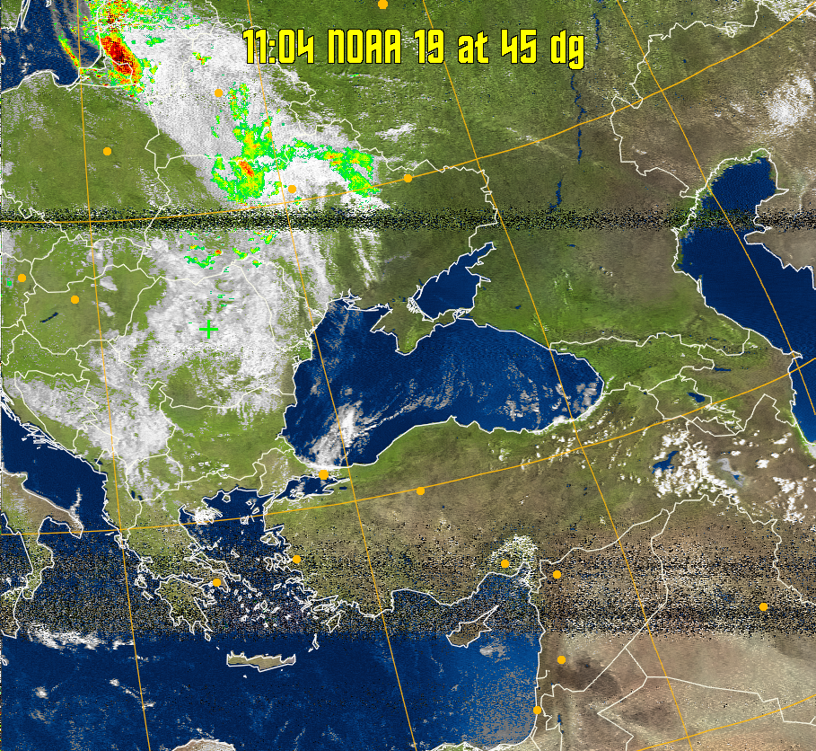 MSA-precip:
Same as MSA multispectral analysis, but high cold cloud tops are coloured the
same as the NO enhancement to give an approximate indication of the probability
and intensity of precipitation.