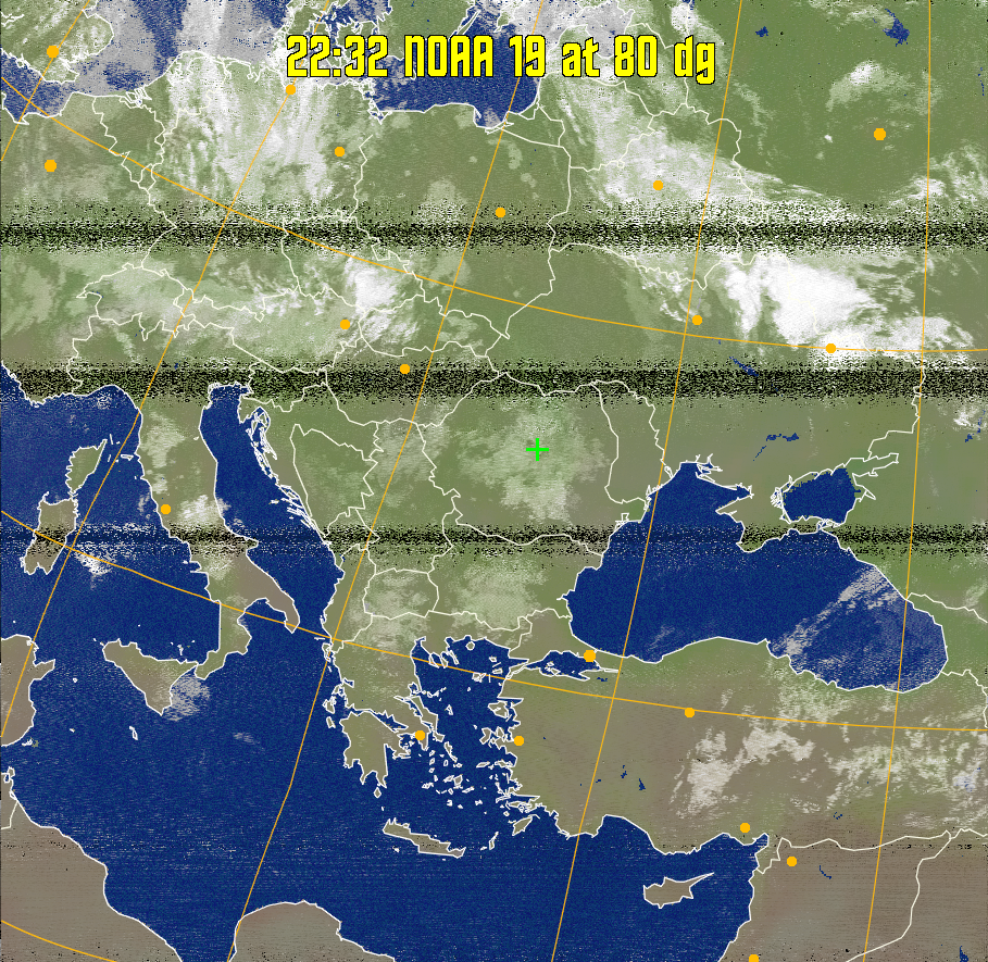 MCIR-precip: 
Colours the NOAA sensor 4 IR image using a map to colour the sea blue and land
green. High clouds appear white, lower clouds gray or land/sea coloured, clouds
generally appear lighter, but distinguishing between land/sea and low cloud may
be difficult. Darker colours indicate warmer regions.
