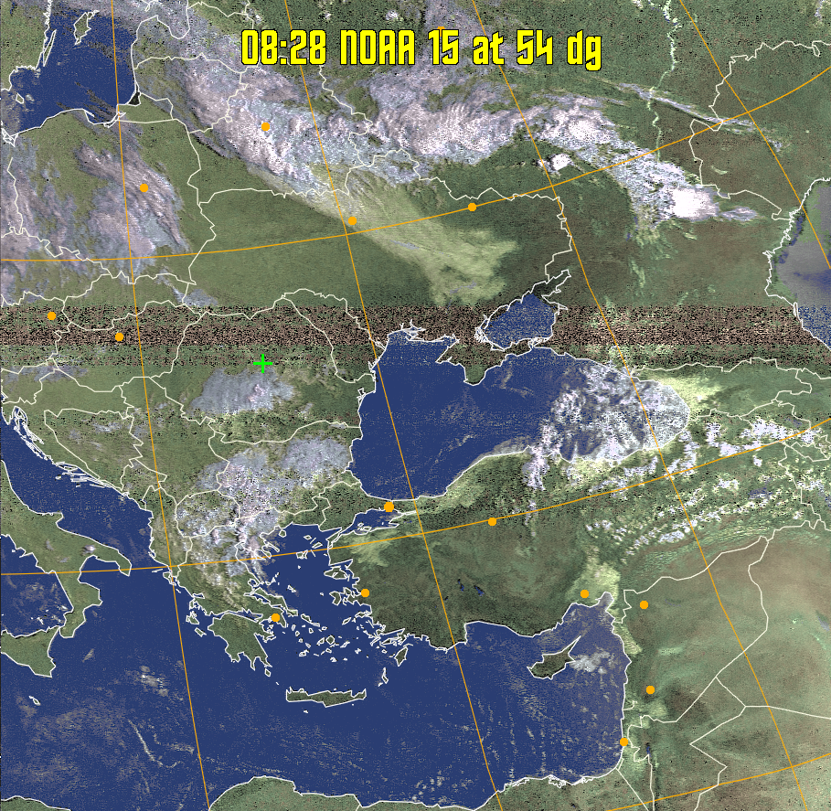HVCT:
Similar to HVC, but with blue water and with colours more indicative of
land temperatures.
HVC:
Creates a false colour image from NOAA APT images based on temperature using
the HVC colour model. Uses the temperature derived from the sensor 4 image to
select the hue and the brightness from the histogram equalised other image to
select the value and chroma. The HVC colour model attempts to ensure that different colours at the same value will appear to the eye to be the same brightness
and the spacing between colours representing each degree will appear to the eye to
be similar. Bright areas are completely unsaturated in this model.
