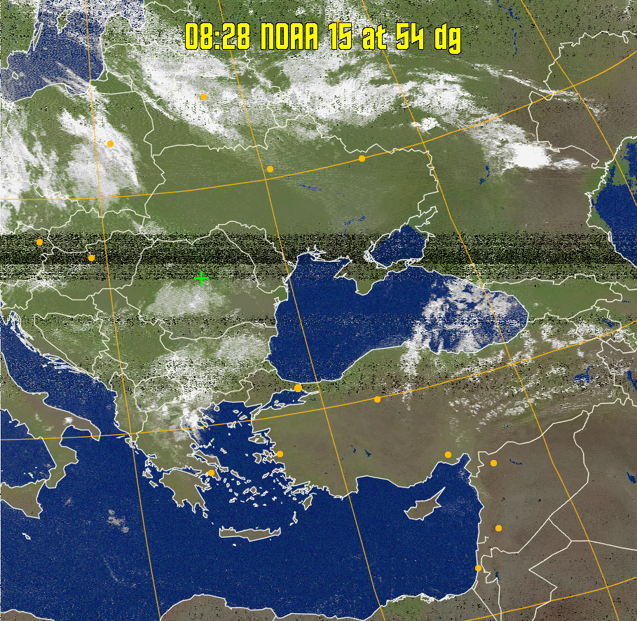MCIR-precip: 
Colours the NOAA sensor 4 IR image using a map to colour the sea blue and land
green. High clouds appear white, lower clouds gray or land/sea coloured, clouds
generally appear lighter, but distinguishing between land/sea and low cloud may
be difficult. Darker colours indicate warmer regions.