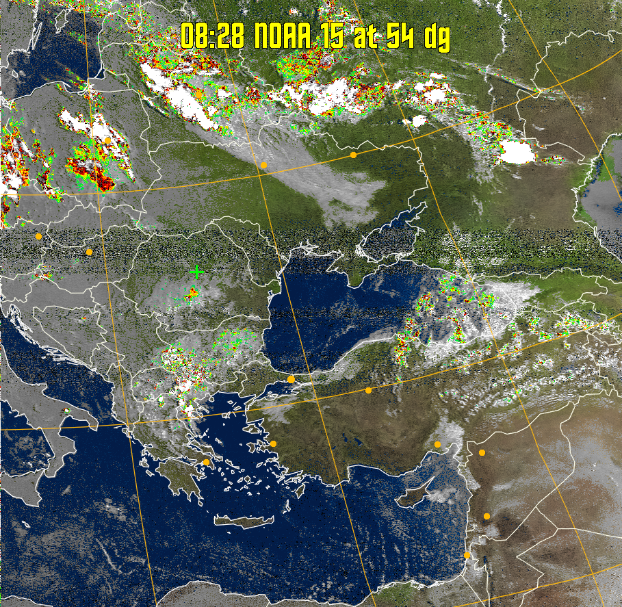 MSA-precip:
Same as MSA multispectral analysis, but high cold cloud tops are coloured the
same as the NO enhancement to give an approximate indication of the probability
and intensity of precipitation.