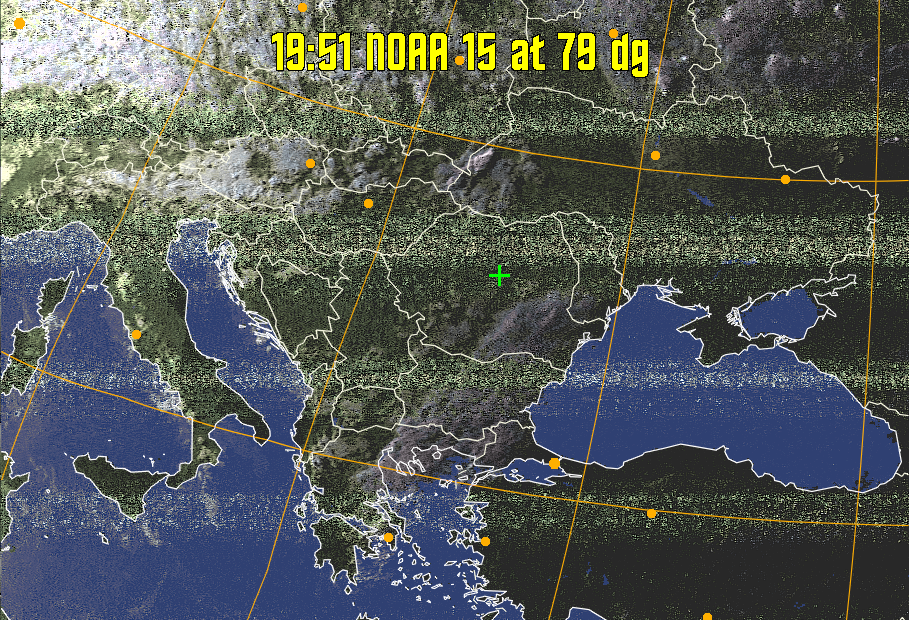 HVCT:
Similar to HVC, but with blue water and with colours more indicative of
land temperatures.
HVC:
Creates a false colour image from NOAA APT images based on temperature using
the HVC colour model. Uses the temperature derived from the sensor 4 image to
select the hue and the brightness from the histogram equalised other image to
select the value and chroma. The HVC colour model attempts to ensure that different colours at the same value will appear to the eye to be the same brightness
and the spacing between colours representing each degree will appear to the eye to
be similar. Bright areas are completely unsaturated in this model.