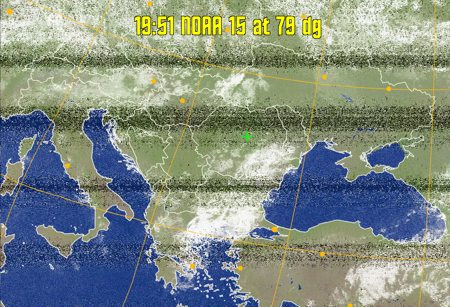 MCIR-precip: 
Colours the NOAA sensor 4 IR image using a map to colour the sea blue and land
green. High clouds appear white, lower clouds gray or land/sea coloured, clouds
generally appear lighter, but distinguishing between land/sea and low cloud may
be difficult. Darker colours indicate warmer regions.