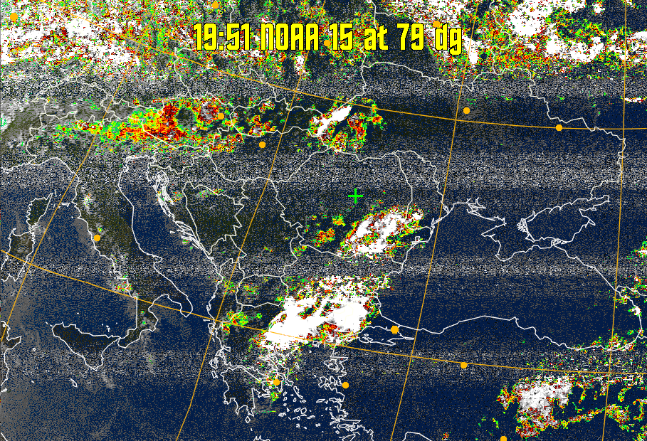 MSA-precip:
Same as MSA multispectral analysis, but high cold cloud tops are coloured the
same as the NO enhancement to give an approximate indication of the probability
and intensity of precipitation.