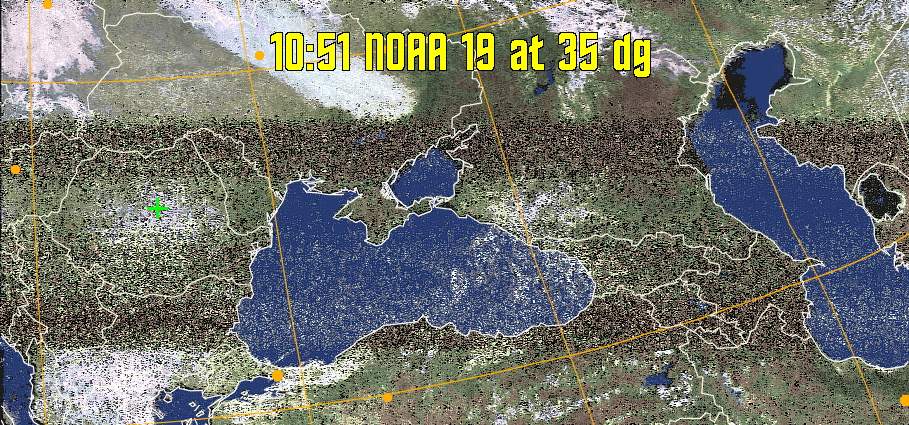 HVCT:
Similar to HVC, but with blue water and with colours more indicative of
land temperatures.
HVC:
Creates a false colour image from NOAA APT images based on temperature using
the HVC colour model. Uses the temperature derived from the sensor 4 image to
select the hue and the brightness from the histogram equalised other image to
select the value and chroma. The HVC colour model attempts to ensure that different colours at the same value will appear to the eye to be the same brightness
and the spacing between colours representing each degree will appear to the eye to
be similar. Bright areas are completely unsaturated in this model.