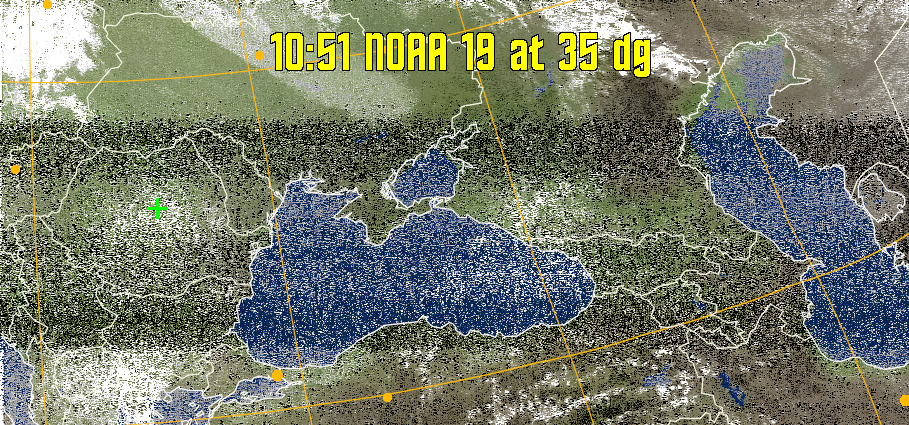 MCIR-precip: 
Colours the NOAA sensor 4 IR image using a map to colour the sea blue and land
green. High clouds appear white, lower clouds gray or land/sea coloured, clouds
generally appear lighter, but distinguishing between land/sea and low cloud may
be difficult. Darker colours indicate warmer regions.