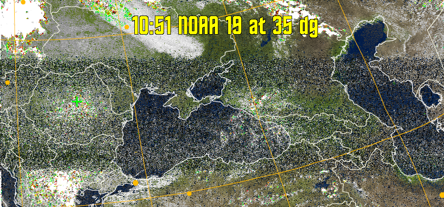 MSA-precip:
Same as MSA multispectral analysis, but high cold cloud tops are coloured the
same as the NO enhancement to give an approximate indication of the probability
and intensity of precipitation.