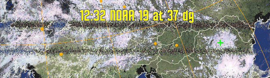 HVCT:
Similar to HVC, but with blue water and with colours more indicative of
land temperatures.
HVC:
Creates a false colour image from NOAA APT images based on temperature using
the HVC colour model. Uses the temperature derived from the sensor 4 image to
select the hue and the brightness from the histogram equalised other image to
select the value and chroma. The HVC colour model attempts to ensure that different colours at the same value will appear to the eye to be the same brightness
and the spacing between colours representing each degree will appear to the eye to
be similar. Bright areas are completely unsaturated in this model.