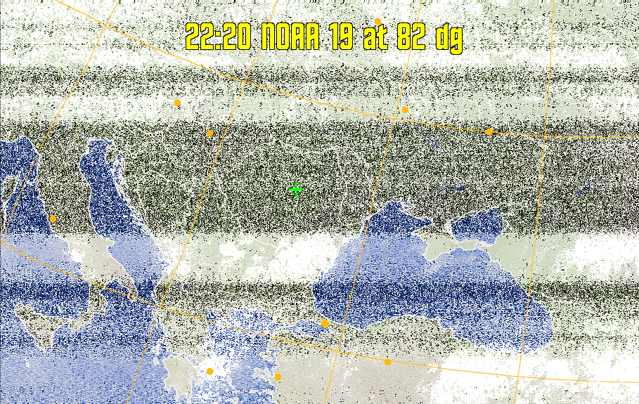 MCIR-precip: 
Colours the NOAA sensor 4 IR image using a map to colour the sea blue and land
green. High clouds appear white, lower clouds gray or land/sea coloured, clouds
generally appear lighter, but distinguishing between land/sea and low cloud may
be difficult. Darker colours indicate warmer regions.
