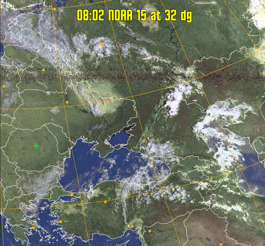 HVCT:
Similar to HVC, but with blue water and with colours more indicative of
land temperatures.
HVC:
Creates a false colour image from NOAA APT images based on temperature using
the HVC colour model. Uses the temperature derived from the sensor 4 image to
select the hue and the brightness from the histogram equalised other image to
select the value and chroma. The HVC colour model attempts to ensure that different colours at the same value will appear to the eye to be the same brightness
and the spacing between colours representing each degree will appear to the eye to
be similar. Bright areas are completely unsaturated in this model.