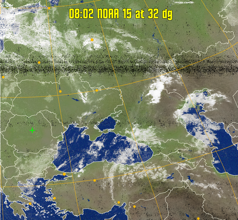 MCIR-precip: 
Colours the NOAA sensor 4 IR image using a map to colour the sea blue and land
green. High clouds appear white, lower clouds gray or land/sea coloured, clouds
generally appear lighter, but distinguishing between land/sea and low cloud may
be difficult. Darker colours indicate warmer regions.