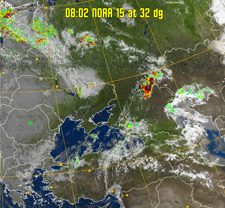 MSA-precip:
Same as MSA multispectral analysis, but high cold cloud tops are coloured the
same as the NO enhancement to give an approximate indication of the probability
and intensity of precipitation.