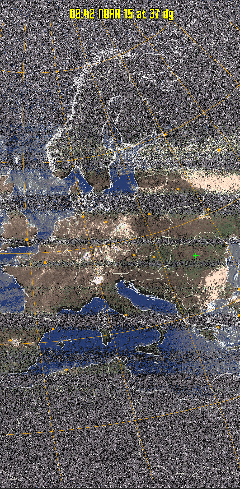 HVCT:
Similar to HVC, but with blue water and with colours more indicative of
land temperatures.
HVC:
Creates a false colour image from NOAA APT images based on temperature using
the HVC colour model. Uses the temperature derived from the sensor 4 image to
select the hue and the brightness from the histogram equalised other image to
select the value and chroma. The HVC colour model attempts to ensure that different colours at the same value will appear to the eye to be the same brightness
and the spacing between colours representing each degree will appear to the eye to
be similar. Bright areas are completely unsaturated in this model.