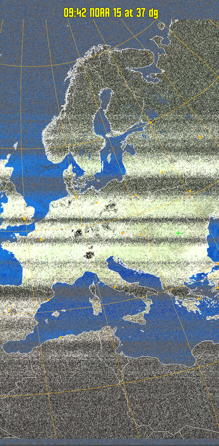 MCIR-precip: 
Colours the NOAA sensor 4 IR image using a map to colour the sea blue and land
green. High clouds appear white, lower clouds gray or land/sea coloured, clouds
generally appear lighter, but distinguishing between land/sea and low cloud may
be difficult. Darker colours indicate warmer regions.
