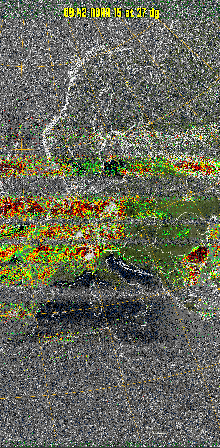 MSA-precip:
Same as MSA multispectral analysis, but high cold cloud tops are coloured the
same as the NO enhancement to give an approximate indication of the probability
and intensity of precipitation.