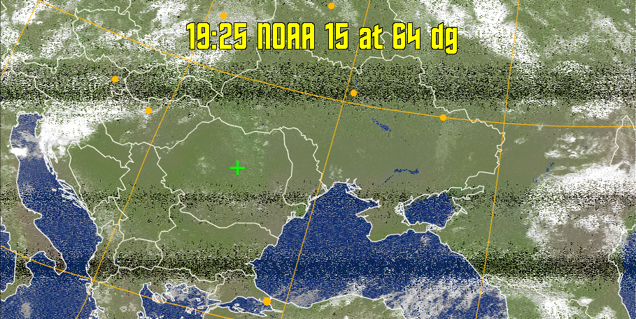 MCIR-precip: 
Colours the NOAA sensor 4 IR image using a map to colour the sea blue and land
green. High clouds appear white, lower clouds gray or land/sea coloured, clouds
generally appear lighter, but distinguishing between land/sea and low cloud may
be difficult. Darker colours indicate warmer regions.