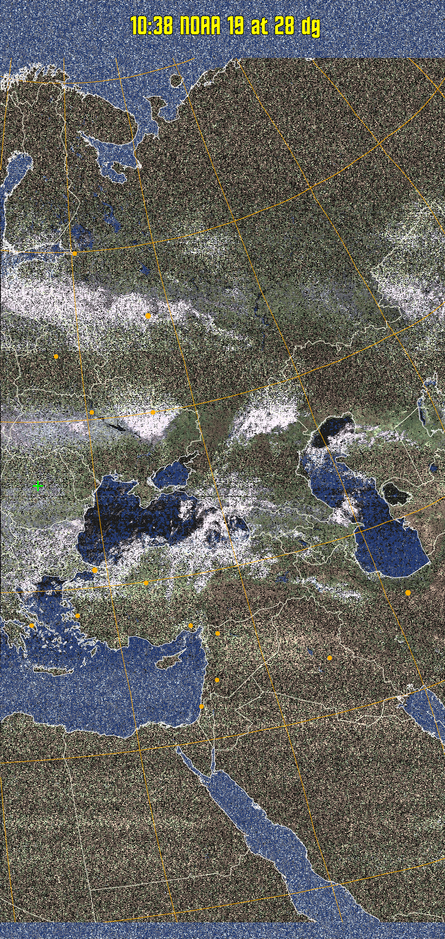HVCT:
Similar to HVC, but with blue water and with colours more indicative of
land temperatures.
HVC:
Creates a false colour image from NOAA APT images based on temperature using
the HVC colour model. Uses the temperature derived from the sensor 4 image to
select the hue and the brightness from the histogram equalised other image to
select the value and chroma. The HVC colour model attempts to ensure that different colours at the same value will appear to the eye to be the same brightness
and the spacing between colours representing each degree will appear to the eye to
be similar. Bright areas are completely unsaturated in this model.