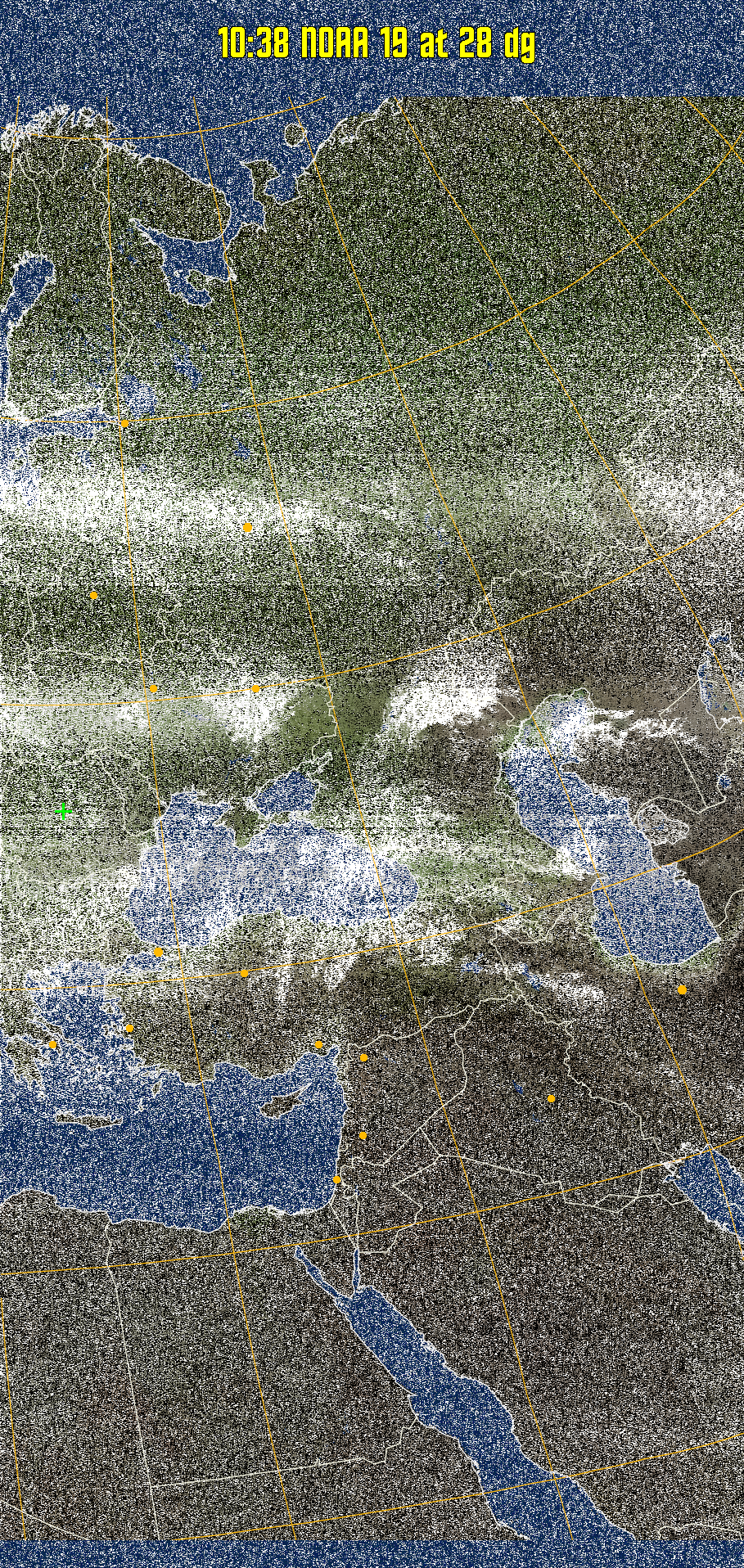 MCIR-precip: 
Colours the NOAA sensor 4 IR image using a map to colour the sea blue and land
green. High clouds appear white, lower clouds gray or land/sea coloured, clouds
generally appear lighter, but distinguishing between land/sea and low cloud may
be difficult. Darker colours indicate warmer regions.