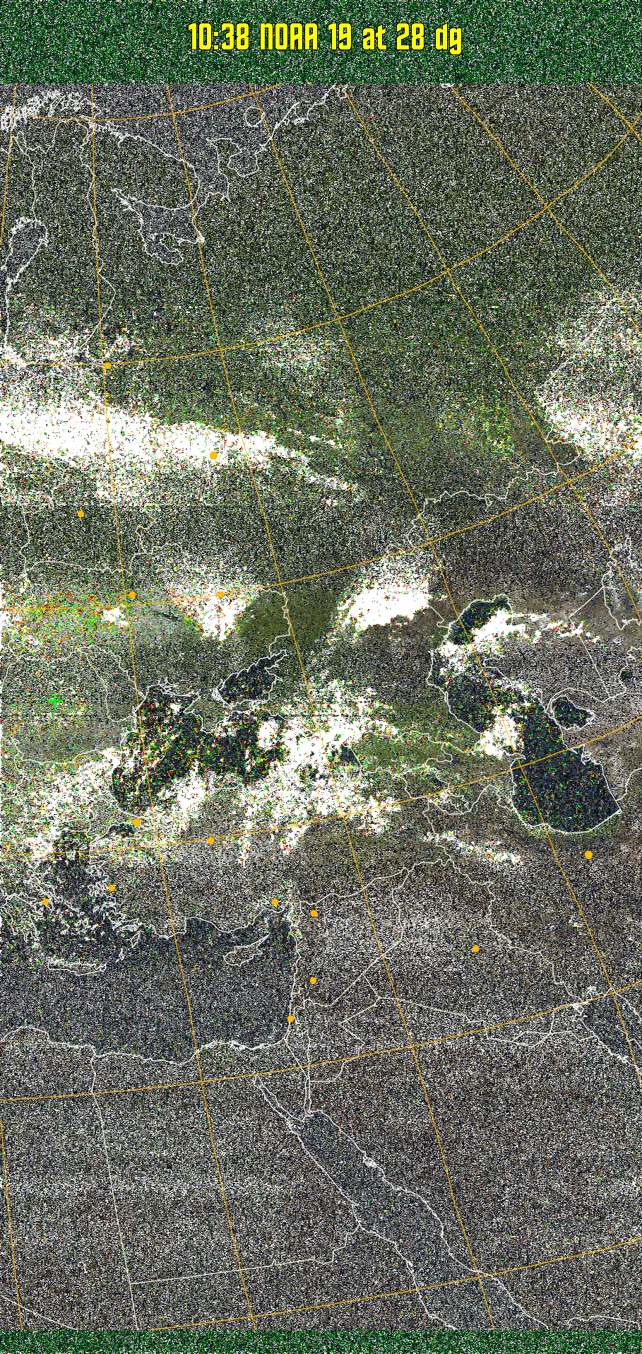 MSA-precip:
Same as MSA multispectral analysis, but high cold cloud tops are coloured the
same as the NO enhancement to give an approximate indication of the probability
and intensity of precipitation.