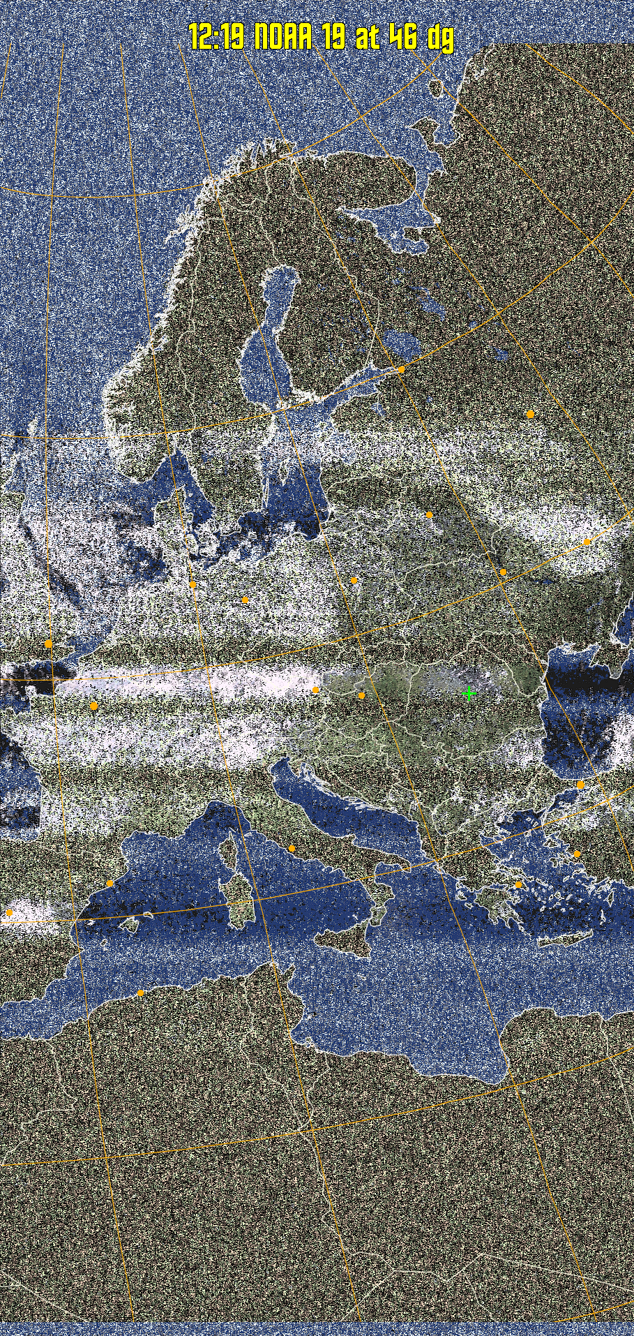 HVCT:
Similar to HVC, but with blue water and with colours more indicative of
land temperatures.
HVC:
Creates a false colour image from NOAA APT images based on temperature using
the HVC colour model. Uses the temperature derived from the sensor 4 image to
select the hue and the brightness from the histogram equalised other image to
select the value and chroma. The HVC colour model attempts to ensure that different colours at the same value will appear to the eye to be the same brightness
and the spacing between colours representing each degree will appear to the eye to
be similar. Bright areas are completely unsaturated in this model.