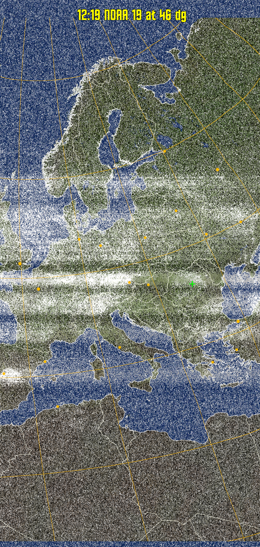 MCIR-precip: 
Colours the NOAA sensor 4 IR image using a map to colour the sea blue and land
green. High clouds appear white, lower clouds gray or land/sea coloured, clouds
generally appear lighter, but distinguishing between land/sea and low cloud may
be difficult. Darker colours indicate warmer regions.