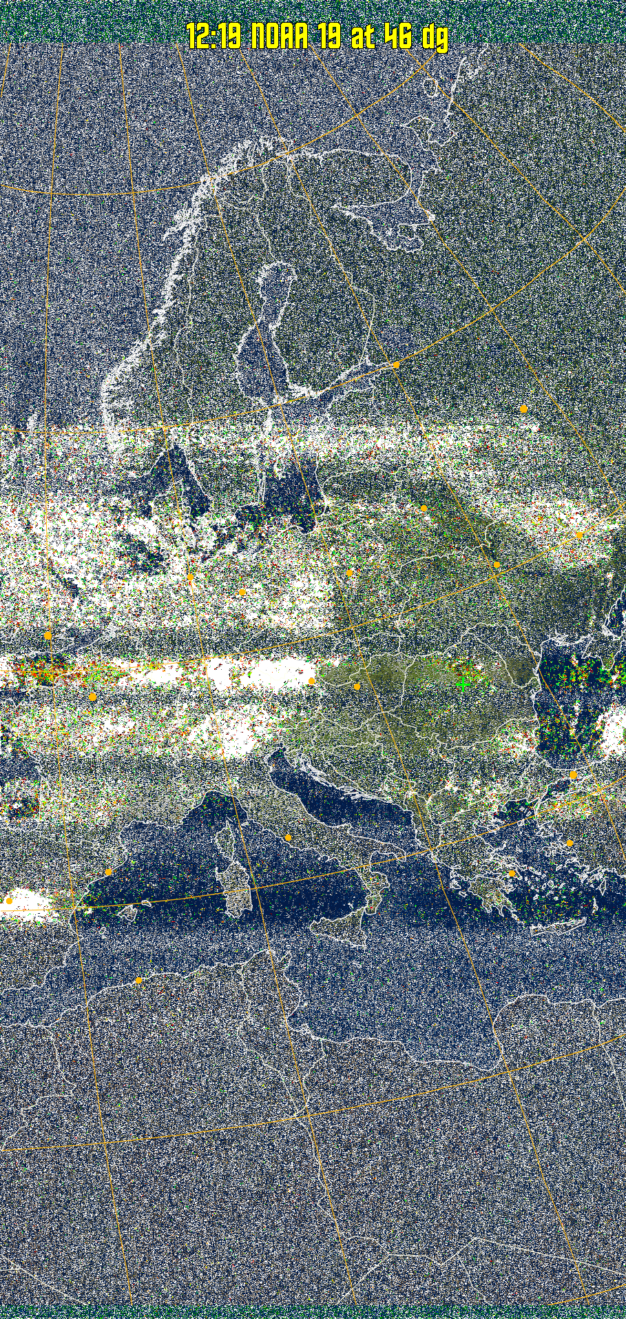MSA-precip:
Same as MSA multispectral analysis, but high cold cloud tops are coloured the
same as the NO enhancement to give an approximate indication of the probability
and intensity of precipitation.