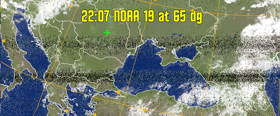 MCIR-precip: 
Colours the NOAA sensor 4 IR image using a map to colour the sea blue and land
green. High clouds appear white, lower clouds gray or land/sea coloured, clouds
generally appear lighter, but distinguishing between land/sea and low cloud may
be difficult. Darker colours indicate warmer regions.